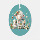 Schattigee lammeren met bloemen en patchwork accen metalen ornament (Voorkant links)