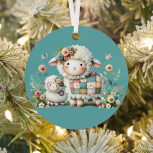 Schattigee lammeren met bloemen en patchwork accen metalen ornament