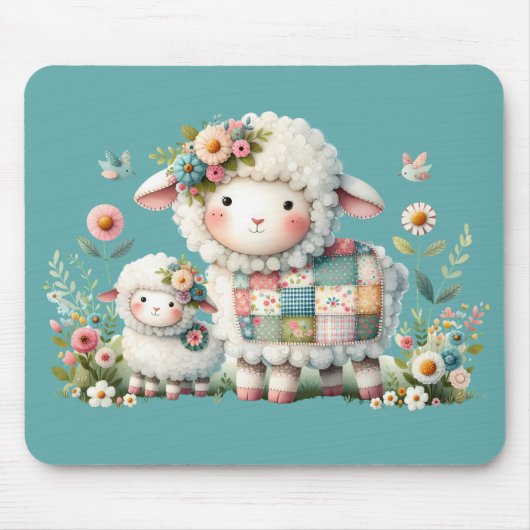 Schattigee lammeren met bloemen en patchwork accen muismat (Voorkant)