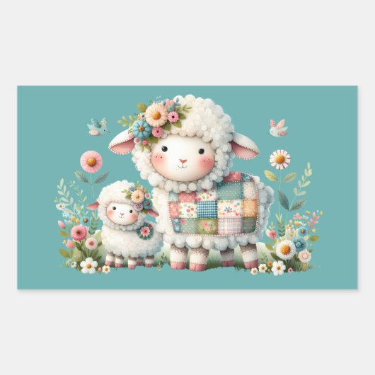 Schattigee lammeren met bloemen en patchwork accen rechthoekige sticker (Voorkant)