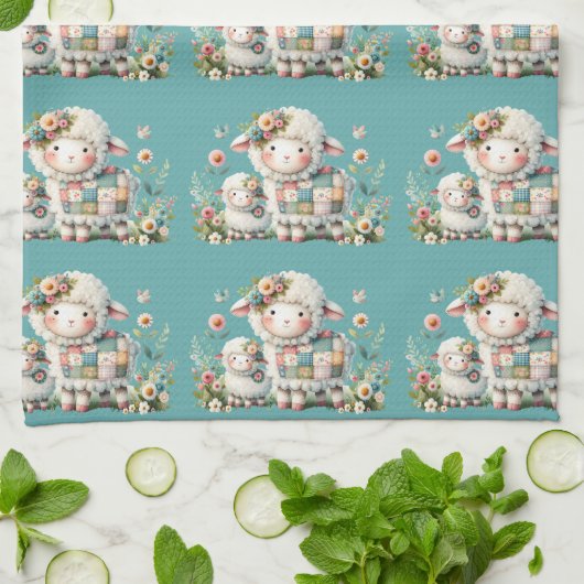Schattigee lammeren met bloemen en patchwork accen theedoek (Gevouwen)