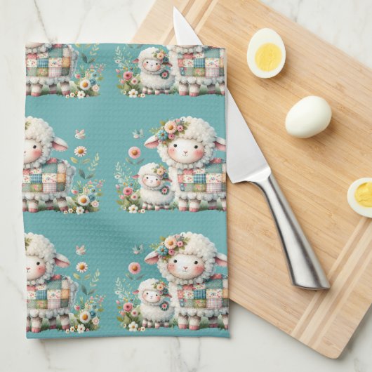 Schattigee lammeren met bloemen en patchwork accen theedoek (Quarter Fold)