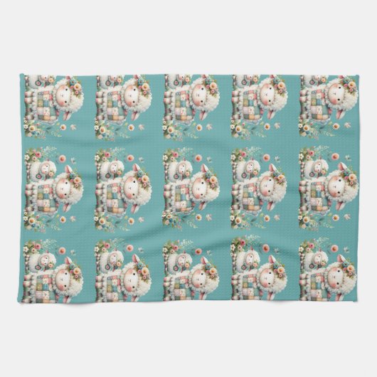 Schattigee lammeren met bloemen en patchwork accen theedoek (Horizontaal)