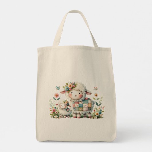 Schattigee lammeren met bloemen en patchwork accen tote bag (Achterkant)