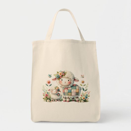 Schattigee lammeren met bloemen en patchwork accen tote bag (Voorkant)
