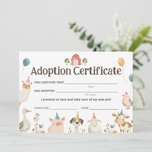 Schattigee landbouwhuisdieren partij adoptiecertif kaart (Staand voorkant)