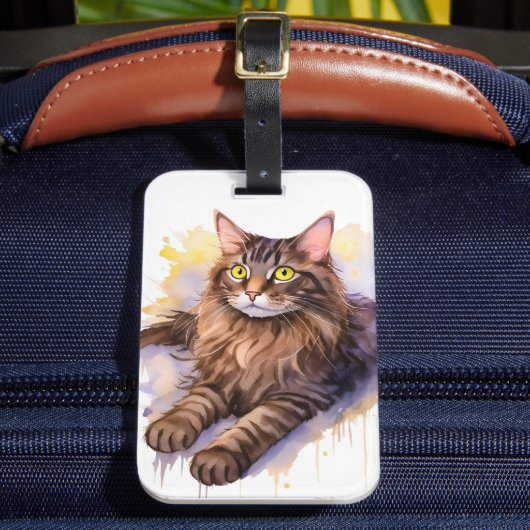 Schattigee Lange Haired Tabby Cat Waterverf Illust Bagagelabel (Voorkant Insitu 2)