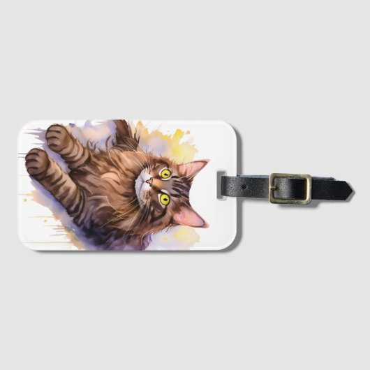 Schattigee Lange Haired Tabby Cat Waterverf Illust Bagagelabel (Voorkant (horizontaal))