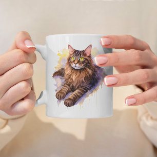Schattigee Lange Haired Tabby Cat Waterverf Illust Koffiemok