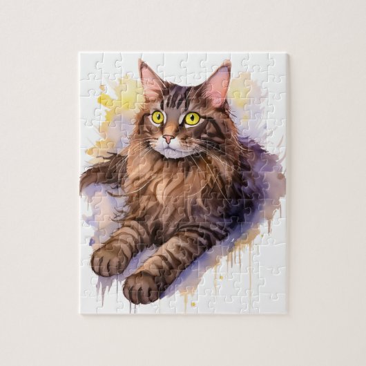 Schattigee Lange Haired Tabby Cat Waterverf Illust Legpuzzel (Verticaal)