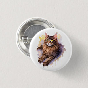 Schattigee Lange Haired Tabby Cat Waterverf Illust Ronde Button 3,2 Cm