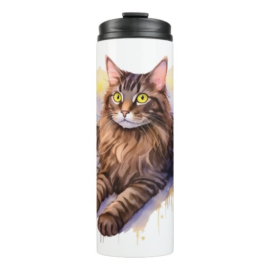 Schattigee Lange Haired Tabby Cat Waterverf Illust Thermosbeker (Voorkant)