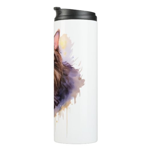 Schattigee Lange Haired Tabby Cat Waterverf Illust Thermosbeker (Geroteerd rechts)