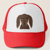 Schattigee langharige chocolade bruine teckel trucker pet (Voorkant)