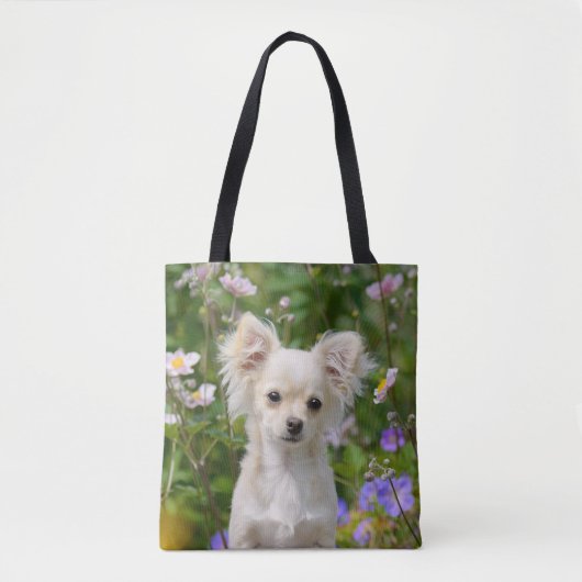 Schattigee langharige crème Chihuahua Dog Puppy Sh Tote Bag (Voorkant)