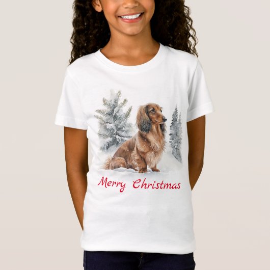Schattigee langharige teckel worst hond kerst t-shirt (Voorkant)