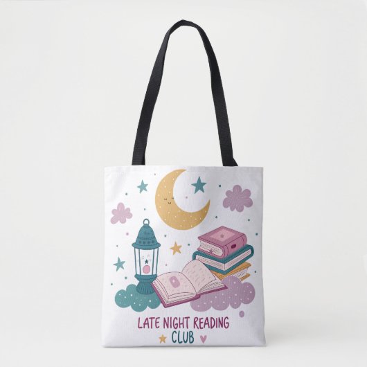 Schattigee Late Night Reading Club Moon en boeken Tote Bag (Voorkant)
