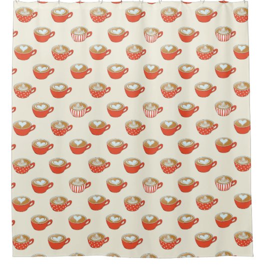 Schattigee Latte Art in Rode Koffiemokken Patroon Douchegordijn (Voorkant)