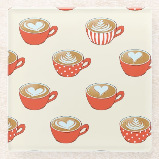 Schattigee Latte Art in Rode Koffiemokken Patroon Glazen Onderzetter (Voorkant)