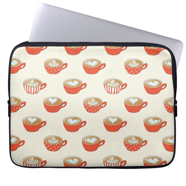 Schattigee Latte Art in Rode Koffiemokken Patroon Laptop Sleeve (Voorkant)