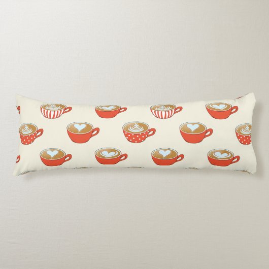 Schattigee Latte Art in Rode Koffiemokken Patroon Lichaamskussen (Voorkant)