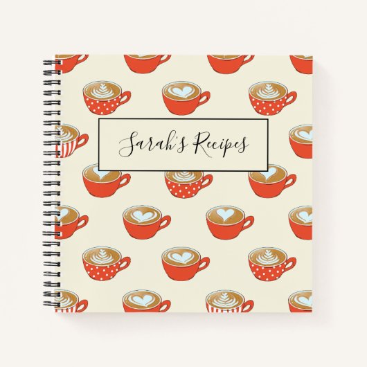 Schattigee Latte Art in Rode Koffiemokken Patroon Notitieboek (Voorkant)