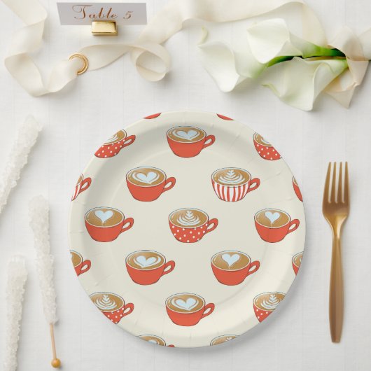 Schattigee Latte Art in Rode Koffiemokken Patroon Papieren Bordje (Huwelijk)