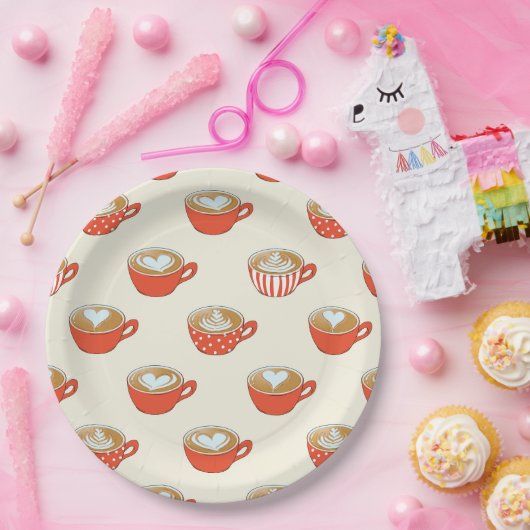 Schattigee Latte Art in Rode Koffiemokken Patroon Papieren Bordje (Feest)