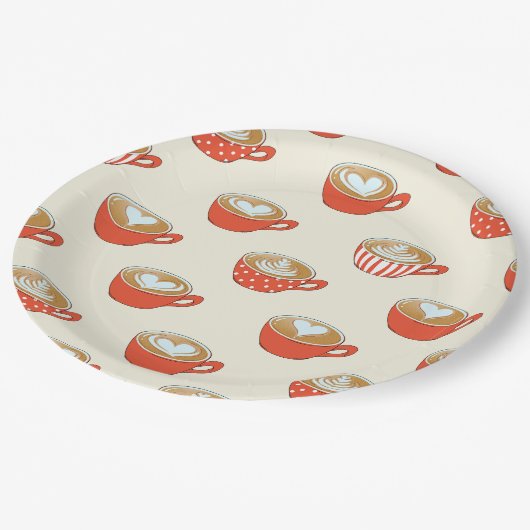 Schattigee Latte Art in Rode Koffiemokken Patroon Papieren Bordje (Gekanteld)