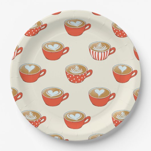 Schattigee Latte Art in Rode Koffiemokken Patroon Papieren Bordje (Voorkant)
