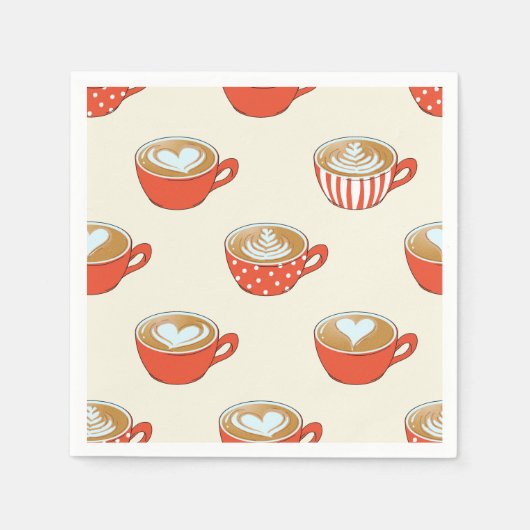 Schattigee Latte Art in Rode Koffiemokken Patroon Servet (Voorkant)
