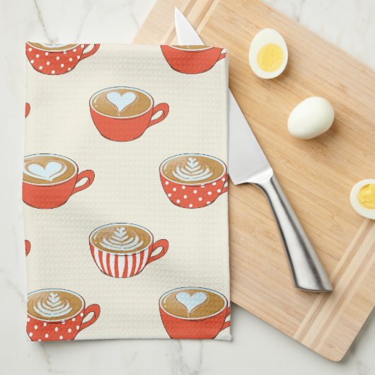 Schattigee Latte Art in Rode Koffiemokken Patroon Theedoek (Quarter Fold)