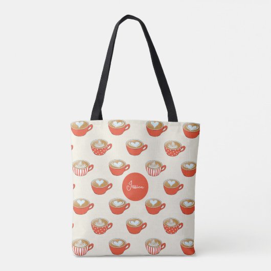 Schattigee Latte Art in Rode Koffiemokken Patroon Tote Bag (Achterkant)