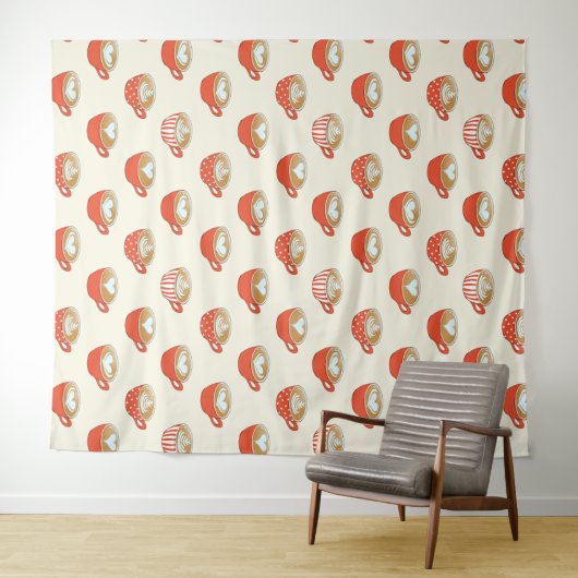 Schattigee Latte Art in Rode Koffiemokken Patroon Wandkleed (In Situ (horizontaal))