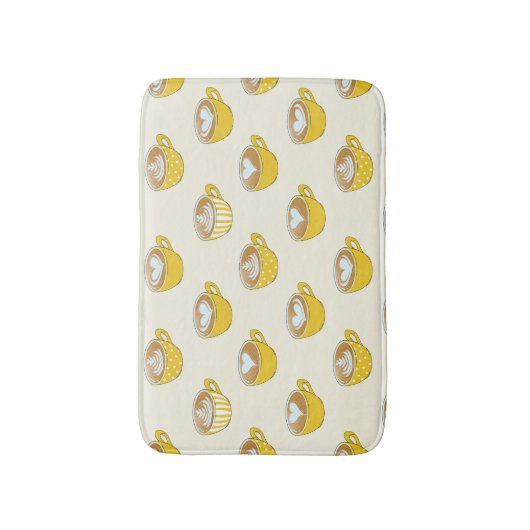 Schattigee latte kunst in gele koffiemokken patroo badmat (Voorkant Verticaal)