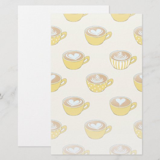 Schattigee latte kunst in gele koffiemokken patroo briefpapier (Voorkant / Achterkant)