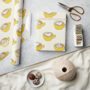 Schattigee latte kunst in gele koffiemokken patroo cadeaupapier