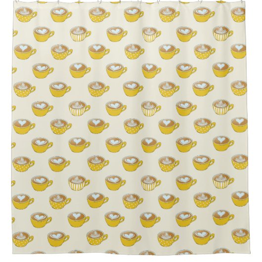 Schattigee latte kunst in gele koffiemokken patroo douchegordijn (Voorkant)