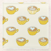 Schattigee latte kunst in gele koffiemokken patroo glazen onderzetter (Voorkant)