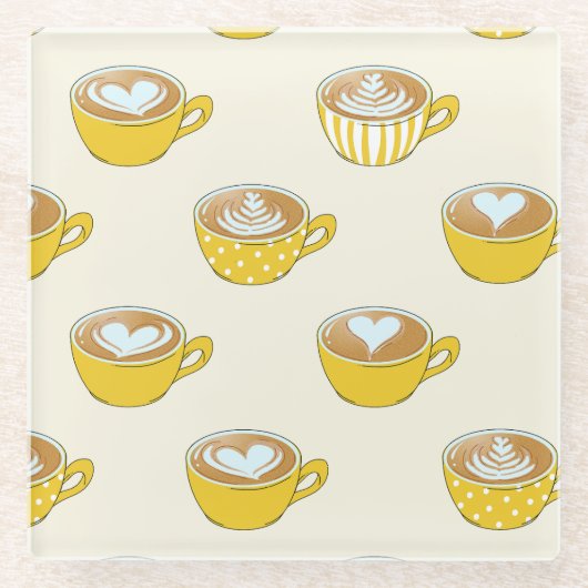 Schattigee latte kunst in gele koffiemokken patroo glazen onderzetter (Voorkant)