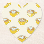 Schattigee latte kunst in gele koffiemokken patroo kartonnen onderzetters (Voorkant)