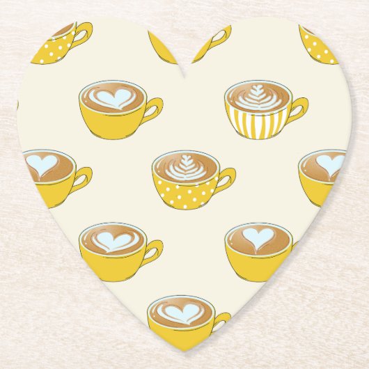 Schattigee latte kunst in gele koffiemokken patroo kartonnen onderzetters (Voorkant)