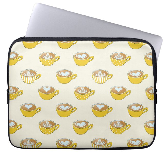 Schattigee latte kunst in gele koffiemokken patroo laptop sleeve (Voorkant)