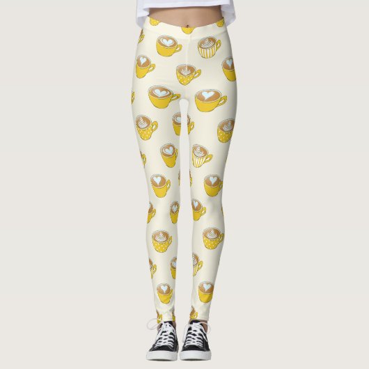 Schattigee latte kunst in gele koffiemokken patroo leggings (Voorkant)