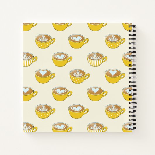 Schattigee latte kunst in gele koffiemokken patroo notitieboek (Achterkant)