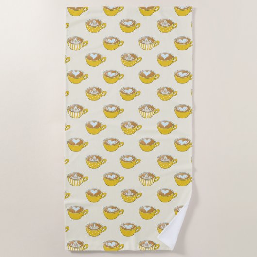 Schattigee latte kunst in gele koffiemokken patroo strandlaken (Voorkant)