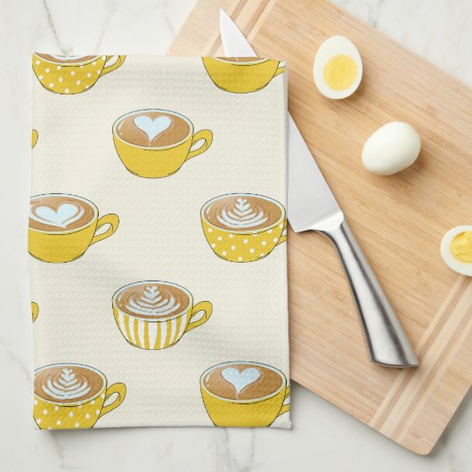 Schattigee latte kunst in gele koffiemokken patroo theedoek (Quarter Fold)