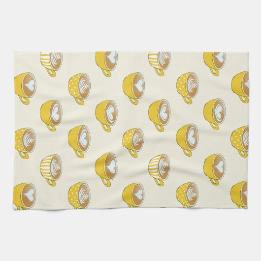 Schattigee latte kunst in gele koffiemokken patroo theedoek (Horizontaal)