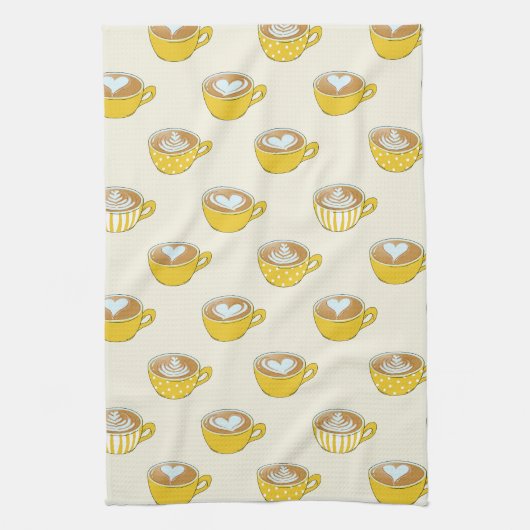 Schattigee latte kunst in gele koffiemokken patroo theedoek (Verticaal)