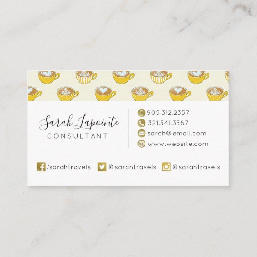 Schattigee latte kunst in gele koffiemokken patroo visitekaartje (Achterkant)